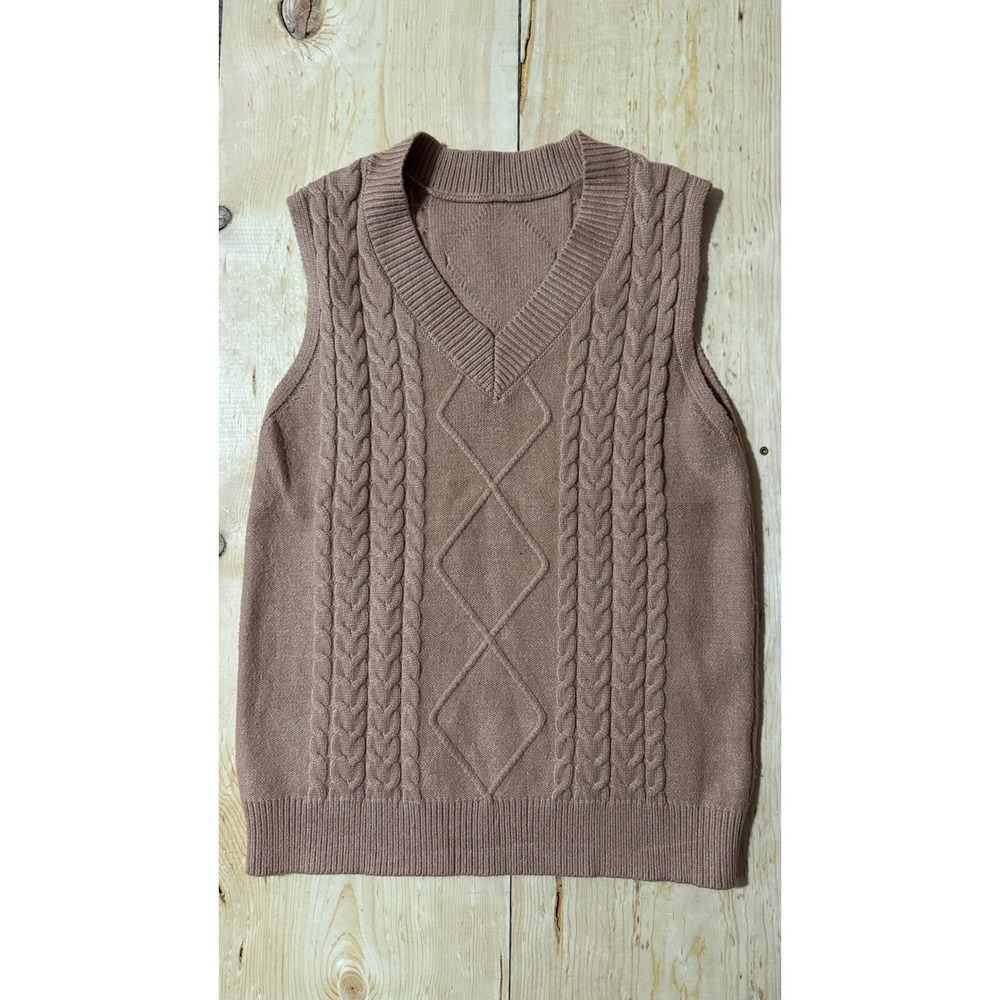 Unbranded Women's V-Neck Cable Knit Sweater Vest Tan Brown Size Medium‎